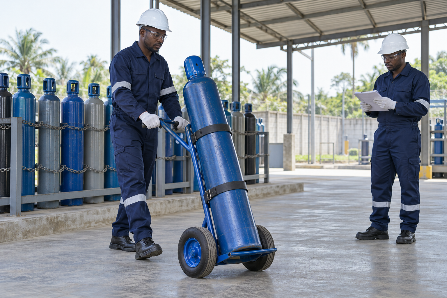 Illustration of Nigerian technicians moving a secured gas cylinder on a trolley in an open-sided industrial yard.