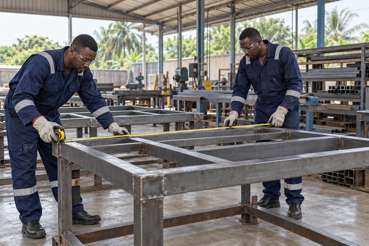 Illustration of Nigerian fabrication technicians inspecting a steel framework in a workshop.